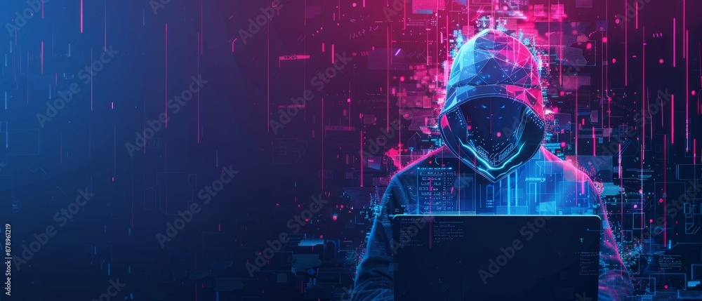 Poster abstract digital anonymous hacker with light blue laptop and ai chip. technology electronics backgro