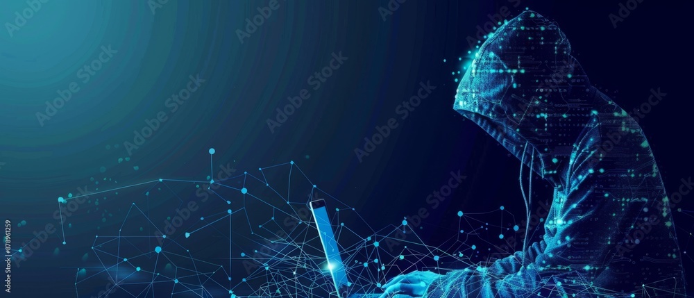 Poster abstract digital anonymous hacker with light blue laptop and ai chip. technology electronics backgro
