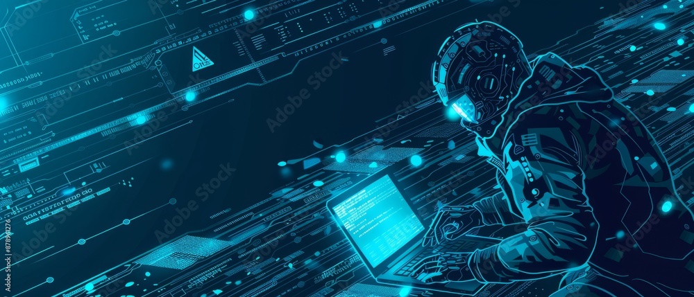 Poster abstract digital anonymous hacker with light blue laptop and ai chip. technology electronics backgro