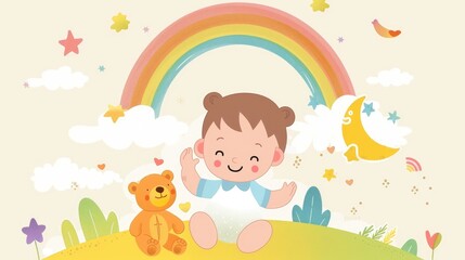 Naklejka premium Cute Cartoon Baby Girl Playing with Teddy Bear in Dreamland