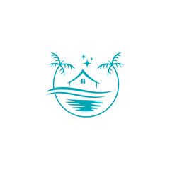 palm house line art logo tropical beach home vector