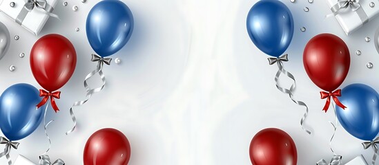 Vector illustration featuring a white background with blue, red, and silver balloons, gift boxes with ribbons on the sides, flat design, space for text and no shadows.