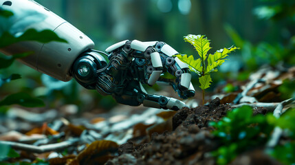 Futuristic robot hand taking care of seedling sprout plant, clean energy and green technology concept, copy space