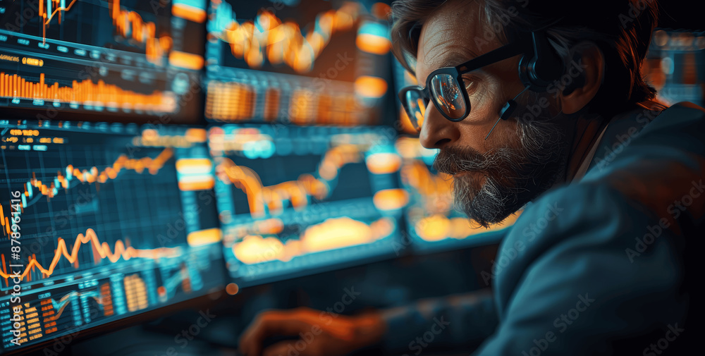 Poster financial manager monitoring stock trends using multiple monitors, analyzing data charts for strateg