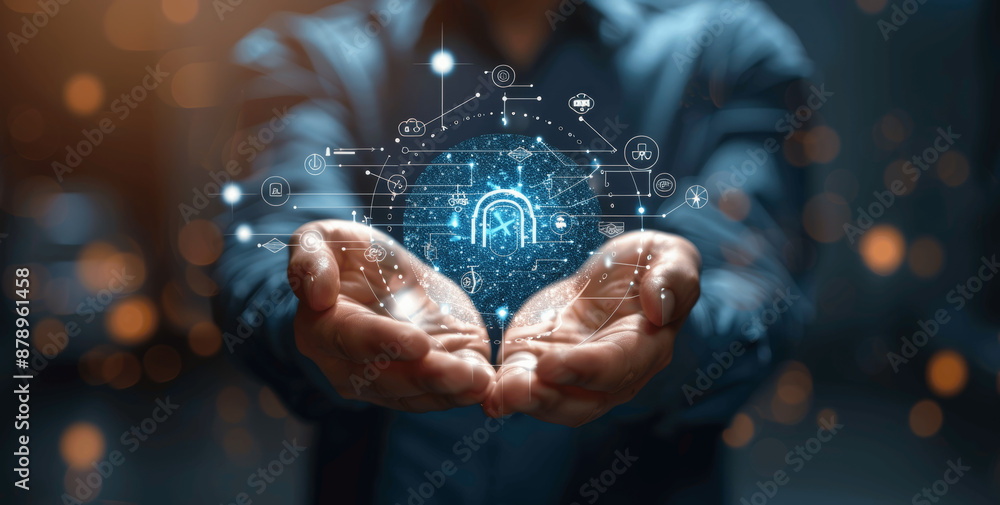 Poster ai automation and digital interface with businessman in cyberspace future technology concept