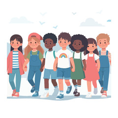 Obraz premium a Group of multiethnic children walk together holding hands peacefully