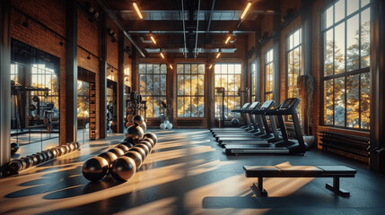 Modern gym interior with equipment and mirrors, morning light, large fitness center with bench press, dumbbells, exercise balls, industrial style, panoramic windows, Canon EOS R5 photo