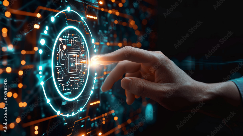 Poster ai technology businessman touching digital icon artificial intelligence robot hand holding chip futu