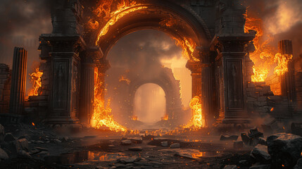 Fantasy Burning Arch Gate Game Art with Flames and Ruins in Unreal Engine Style