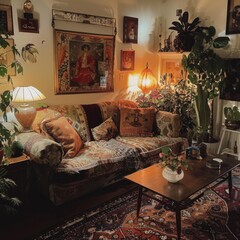 Cozy living room with vintage touches, warm lighting, and a comfy atmosphere