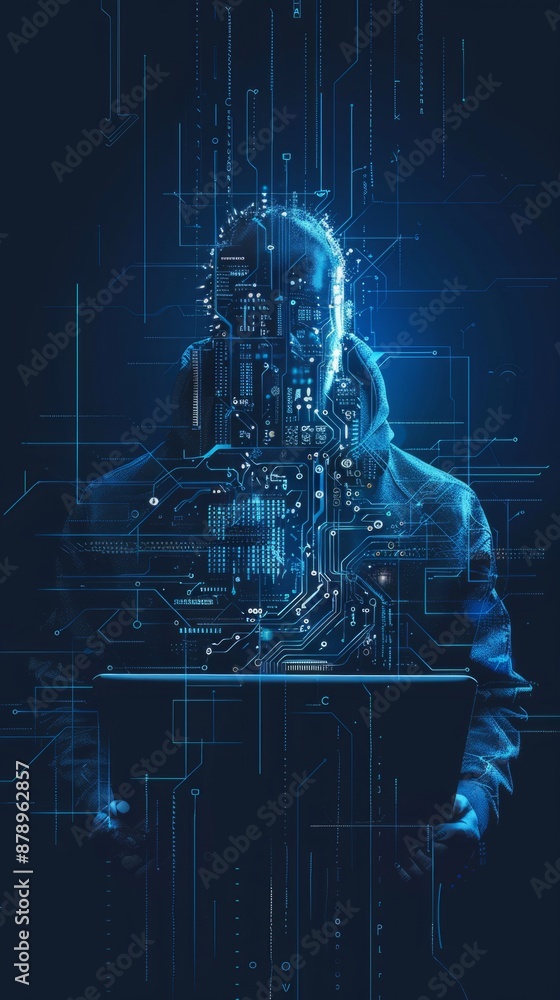 Poster abstract digital anonymous hacker with light blue laptop and ai chip. technology electronics backgro