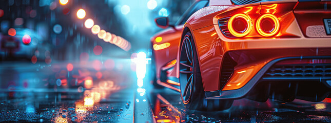 Blue sedan car in a high-speed turn on highway at night with city background under dark sky