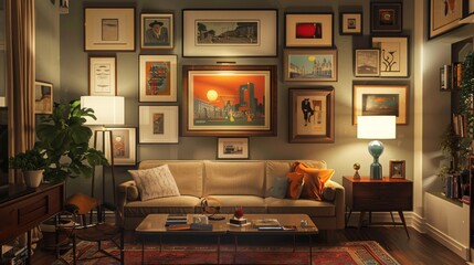 Cozy vintage living room with framed artwork and soft couch