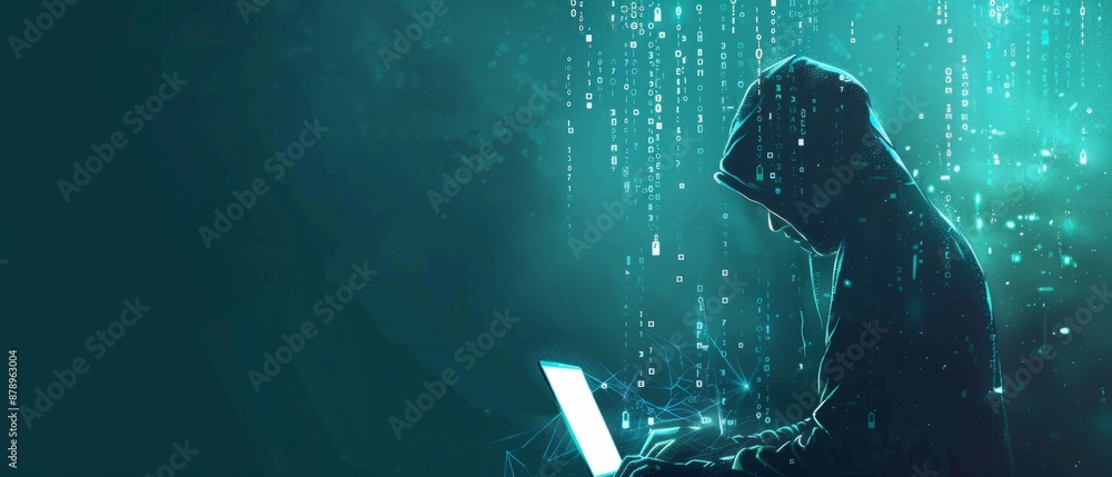 Poster abstract digital anonymous hacker with light blue laptop and ai chip. technology electronics backgro