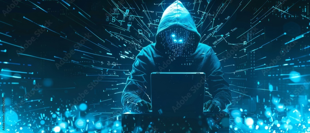 Poster abstract digital anonymous hacker with light blue laptop and ai chip. technology electronics backgro