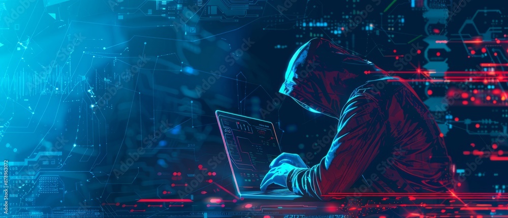 Poster abstract digital anonymous hacker with light blue laptop and ai chip. technology electronics backgro