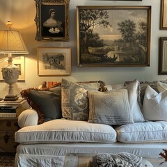 Cozy vintage living room with framed art and warm atmosphere
