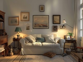 Cozy vintage living room with framed art and warm atmosphere