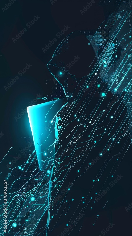 Poster abstract digital anonymous hacker with light blue laptop and ai chip. technology electronics backgro