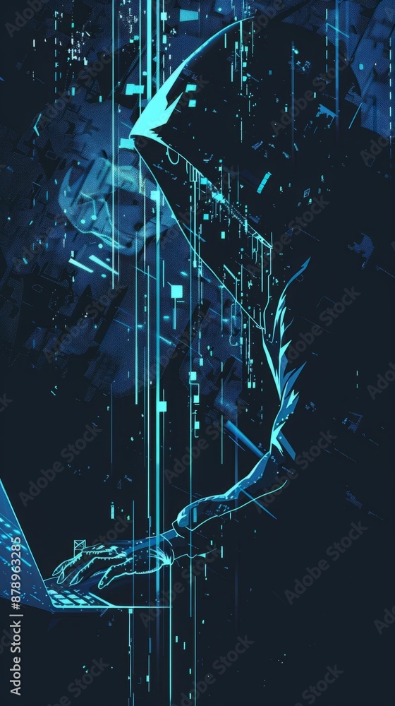 Poster abstract digital anonymous hacker with light blue laptop and ai chip. technology electronics backgro