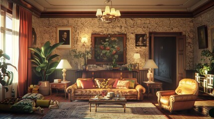 Cozy vintage living room with stylish lamps and soft lighting