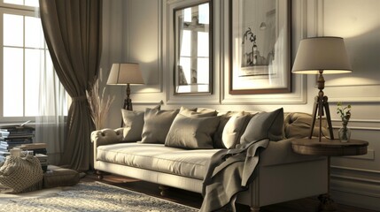 Vintage living room with a comfortable couch, stylish lamps, and framed artwork