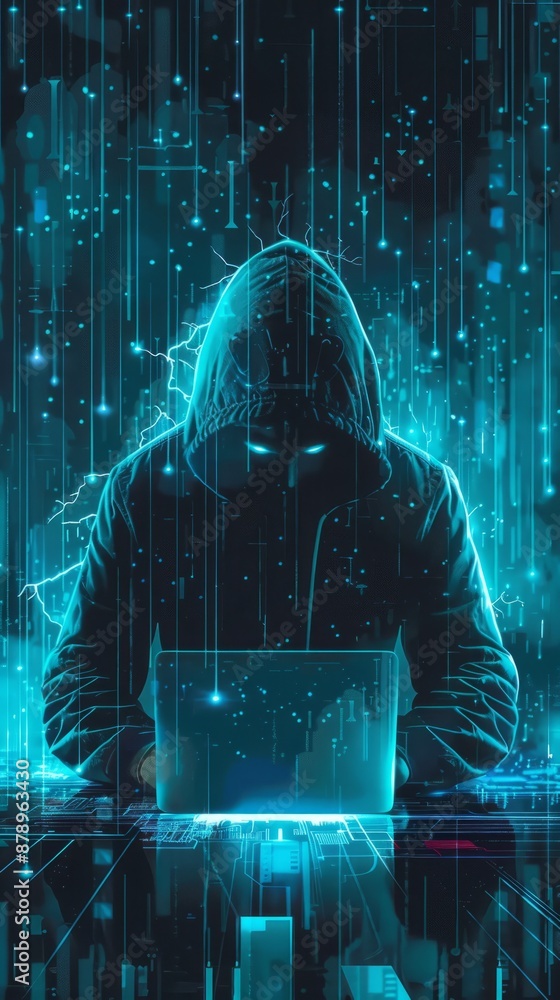Poster abstract digital anonymous hacker with light blue laptop and ai chip. technology electronics backgro