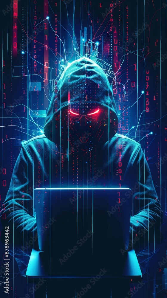 Poster abstract digital anonymous hacker with light blue laptop and ai chip. technology electronics backgro