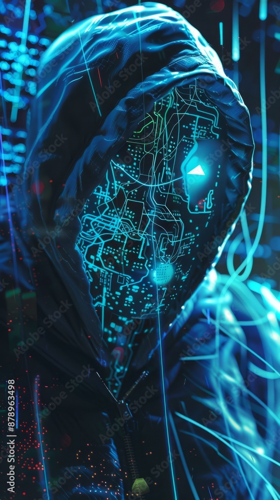 Poster abstract digital anonymous hacker with light blue laptop and ai chip. technology electronics backgro