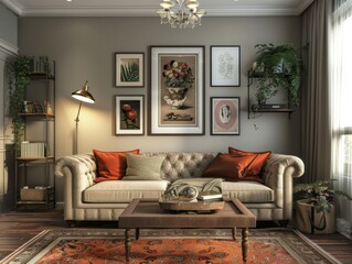 Vintage living room with a soft couch, framed artwork, and a warm atmosphere