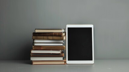 Digital tablet next to pile of books on gray backdrop