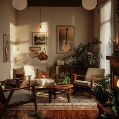 Fototapeta premium Vintage living room with cozy vibes and warm lighting