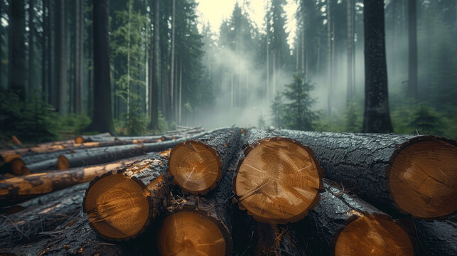 pile of cut wooden logs timber stacked in misty forest background for construction and industrial use ecology logging