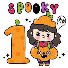 number one Cute kid witch clipart Groovy Halloween pumpkin fancy dress