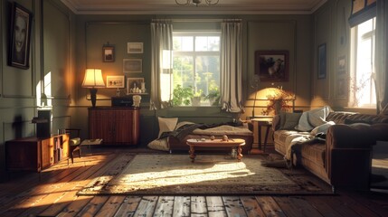 Warm living room with a vintage touch and soft lighting