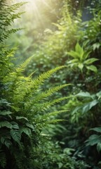 Sunbeams Through Lush Green Ferns.