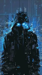 Abstract digital anonymous hacker with light blue laptop and AI chip. Technology electronics background. Computer chip and glitch data flow. Tech artificial intelligence bg. 