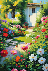 A Vibrant Garden Pathway Leading to a White Cottage with Colorful Flowers