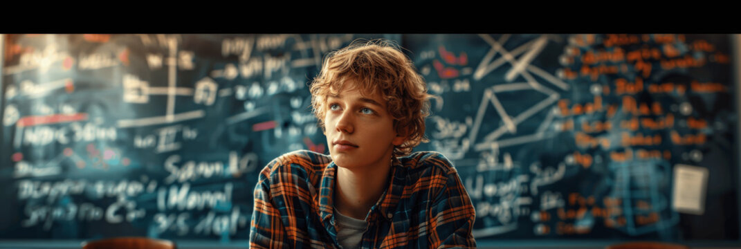 Student illustrating mathematical equations on blackboard with geometric shapes and colorful educational elements in vibrant and cinematic style