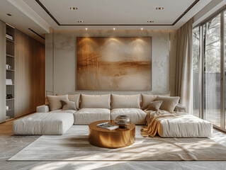 Luxury Living Room with Beige Sofa and Golden Coffee Table Modern Art on Light Gray Wall Contemporary Home Decor