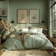 Modern French Country Bedroom with Mint Green Wall and Poster Frames Above Bed, Green and Beige Color Scheme, Black Lamps, Flowers in Vases, Natural Light, Ultra Realistic Photographic Style