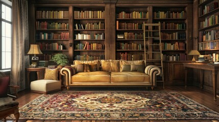 Warmlylit vintage living room with a comfortable couch and framed pictures