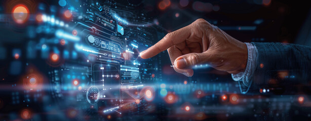 AI Technology Business Growth Cyber Security Data Science Businessman Touching Virtual Screen Machine Learning Big Data Computer Algorithm Management Cloud Computing Future Innovation