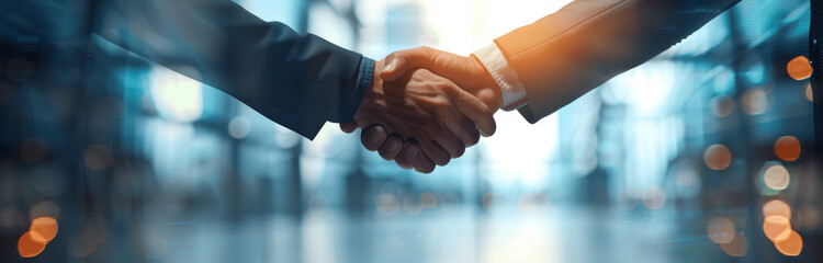 Businessmen Shaking Hands, Professional Greeting, Partnership Agreement, Corporate Merger, Business Cooperation, Financial Investment Deal, Panoramic Banner with Copy Space