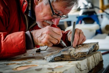 Fototapeta premium Elderly Man Examining a Fossil