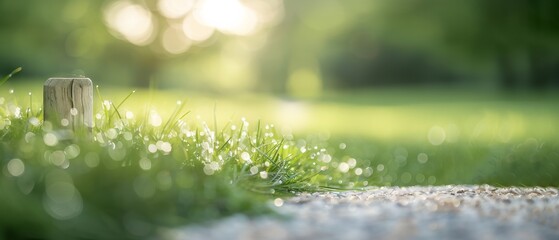 Obraz premium Close-up of fresh green grass with droplets of dew in the morning sunlight. Calm, serene park or garden scene with soft, natural lighting.