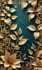Golden Floral Frame on Teal Background.