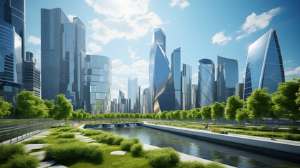 Obraz premium Urban Symphony: A Wide-Angle View of Moscow's Modern Business District