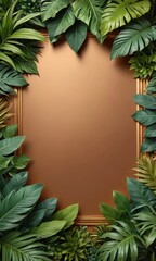 Tropical Leaves Frame On Brown Background.