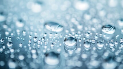 Closeup of water droplets on a smooth blue surface, highlighting the beauty of nature and the tranquil feel of fresh, pure water. Macro photography.